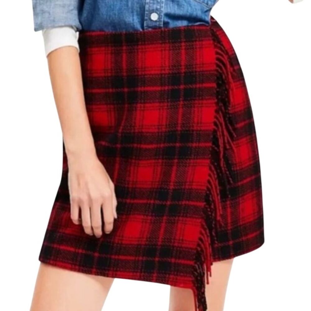 LOFT Red Plaid Wool Mini Skirt 10